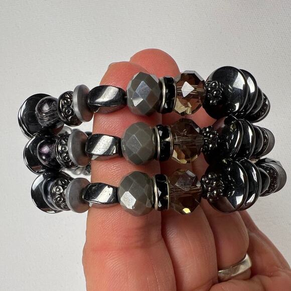Handmade Beaded Coil Bracelet Mixed Metals and Glass Black Hematite Style - Picture 3 of 8